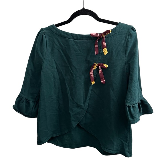 ModCloth boat neck 3/4 sleeve ruffle bow back top blouse Hinter Green Small - Picture 4 of 12
